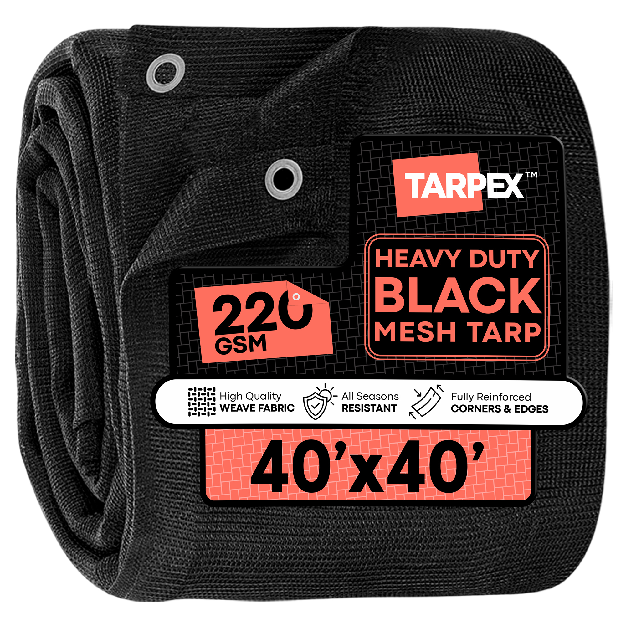 Tarpex Heavy-Duty Weather-Resistant Mesh Tarp — 40ft. x 40ft., 6.5 Oz., Polyethylene, 70% Shade, Black, Model# BMT-TA-4040